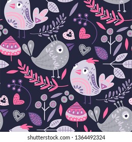 Seamless vector tribal pattern with cute bird and flowers in a flat style. Vintage summer colorful ethnic illustration. Decorative animal couple love poster.
