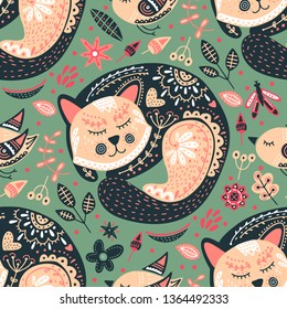 Seamless vector tribal pattern with cute cat and bird and flowers in a flat style. Vintage summer colorful ethnic illustration. Decorative kitten poster.