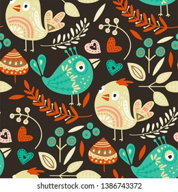 Seamless vector tribal pattern with cute bird and flowers in a flat style. Vintage summer colorful ethnic illustration. Decorative animal couple love poster.