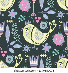 Seamless vector tribal pattern with cute bird and flowers in a flat style. Vintage summer colorful ethnic illustration. Decorative animal poster.