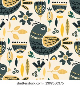 Seamless vector tribal pattern with cute bird and flowers in a flat style. Vintage summer colorful ethnic illustration. Decorative animal poster.