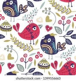 Seamless vector tribal pattern with cute bird and flowers in a flat style. Vintage summer colorful ethnic illustration. Decorative animal poster.