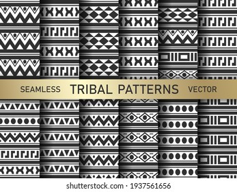 Seamless vector tribal pattern. Simple geometric repeat elements background. Black and white design. For fabric, cover, textile, wrapping etc.