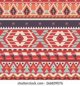 Seamless Vector Tribal Pattern for Textile Design. Geometrical Ethnic Background with Triangles, Circles, Rhombus and Stripes