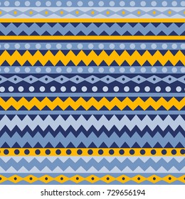 Seamless vector tribal texture in blue and yellow colors. Vector stripes pattern. Vintage ethnic seamless backdrop