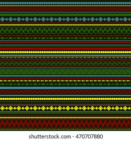 Seamless vector tribal texture pattern. Vector stripes pattern. Vintage ethnic seamless backdrop. Black, red, green, blue and yellow colors.