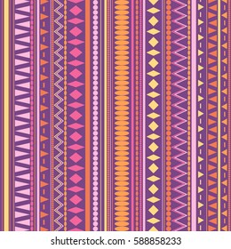 Seamless vector tribal texture pattern. Vector stripes pattern. Vintage ethnic seamless backdrop. Lilac, pink and orange colors.