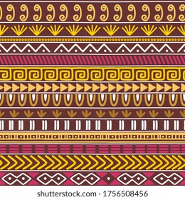 Conjunto de texturas tribales vectoriales sin inconvenientes. Los motivos étnicos agrupan la textura sin fisuras. Viejo telón de fondo étnico sin costuras. Patrón de rayas vectoriales. Perfecto para imprimir en tela o papel textil.