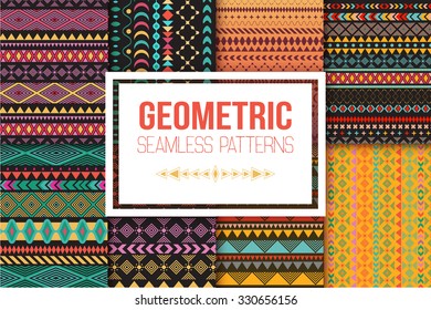 Seamless Vector Tribal Texture Set. Tribal Seamless Texture. Vintage Ethnic Seamless Backdrop. Boho Stripes. Striped Vintage Boho Fashion Style Pattern Background With Tribal Shape Elements.