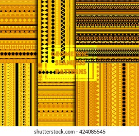 Seamless vector tribal texture set. Vector stripes pattern. Tribal seamless texture. Vintage ethnic seamless backdrop. Yellow, orange and black colors.