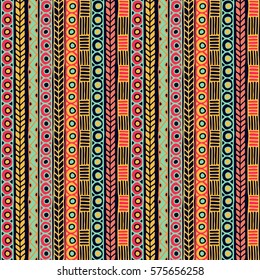 Seamless vector tribal texture. Tribal seamless texture. Vintage ethnic seamless backdrop. Boho stripes. Striped vintage boho fashion style pattern background with tribal shape elements.
