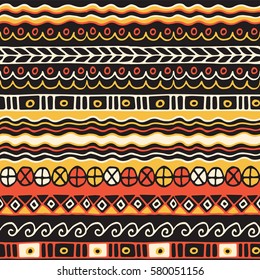Seamless vector tribal texture. Tribal seamless texture. Vintage ethnic seamless backdrop. Boho stripes. Striped vintage boho fashion style pattern background with tribal shape elements.