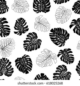 Seamless vector tropical botanical pattern with green monstera palm leaves. Exotic hawaiian fabric design.