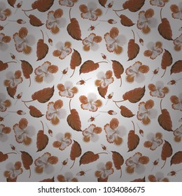 Seamless vector tropical design with hibiscus in white, brown and gray colors. Vector illustration. Exotic flowers in allover composition. Pattern for summer fashion, interior, wallpaper.
