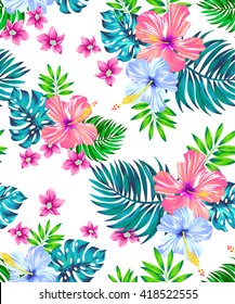 seamless vector tropical design with hibiscus, frangipani, monstera, palm leaf, palmetto. Exotic flowers and leaves in allover composition. colorful pattern for summer fashion, interior, wallpaper