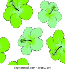 Seamless vector tropical design with hibiscus on a white background in green colors. Exotic flowers in allover composition. Pattern for summer fashion, interior, wallpaper.