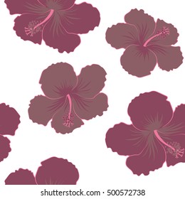 Seamless vector tropical design with hibiscus on a white background in purple and beige colors. Exotic flowers in allover composition. Pattern for summer fashion, interior, wallpaper.