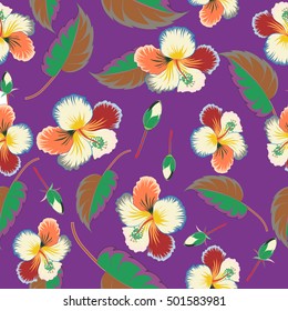 Seamless vector tropical design with hibiscus, leaves and buds on a purple background. Exotic multicolor flowers in allover composition. Multicolor pattern for summer fashion, interior, wallpaper.