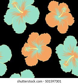 Seamless vector tropical design with hibiscus on black background. Exotic flowers in allover composition. Beige and neutral pattern for summer fashion, interior, wallpaper.