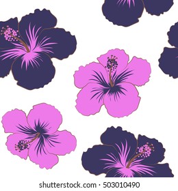Seamless vector tropical design with hibiscus on a white background in pink and violet colors. Exotic flowers in allover composition. Pattern for summer fashion, interior, wallpaper.