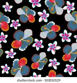 Seamless vector tropical design with hibiscus and plumeria flowers on black background. Exotic flowers in allover composition. Multicolor pattern for summer fashion, interior, wallpaper.