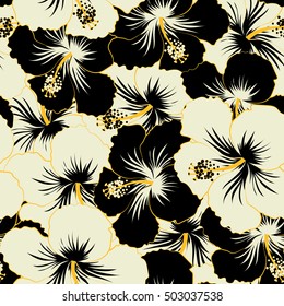 Seamless vector tropical design with hibiscus in black and white colors. Exotic flowers in allover composition. Pattern for summer fashion, interior, wallpaper.