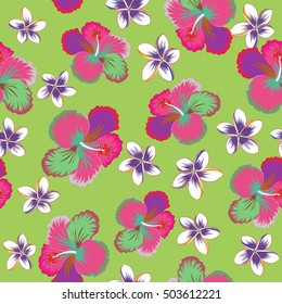 Seamless vector tropical design with hibiscus and plumeria on green background. Exotic flowers in allover composition. Multicolor pattern for summer fashion, interior, wallpaper.