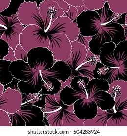 Seamless vector tropical design with hibiscus in black and purple colors. Exotic flowers in allover composition. Pattern for summer fashion, interior, wallpaper.