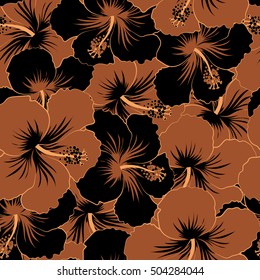 Seamless vector tropical design with hibiscus in black and brown colors. Exotic flowers in allover composition. Pattern for summer fashion, interior, wallpaper.