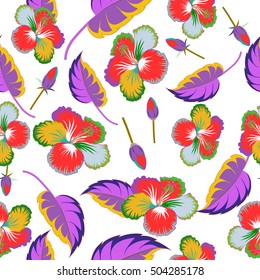 Seamless vector tropical design with hibiscus, leaves and buds on a white background. Exotic multicolor flowers in allover composition. Multicolor pattern for summer fashion, interior, wallpaper.