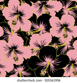 Seamless vector tropical design with hibiscus in black and pink colors. Exotic flowers in allover composition. Pattern for summer fashion, interior, wallpaper.