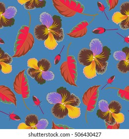 Seamless vector tropical design with hibiscus on blue background. Exotic flowers in allover composition. Multicolor pattern for summer fashion, interior, wallpaper.