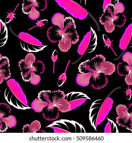 Seamless vector tropical design with hibiscus on a black background in violet colors. Exotic flowers in allover composition. Pattern for summer fashion, interior, wallpaper.
