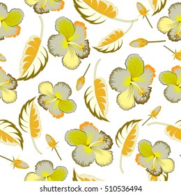 Seamless vector tropical design with hibiscus on a white background in yellow colors. Exotic flowers in allover composition. Pattern for summer fashion, interior, wallpaper.