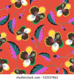 Seamless vector tropical design with hibiscus on red background. Exotic flowers in allover composition. Multicolor pattern for summer fashion, interior, wallpaper.