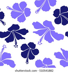 Seamless vector tropical design with hibiscus on a white background in violet colors. Exotic flowers in allover composition. Pattern for summer fashion, interior, wallpaper.