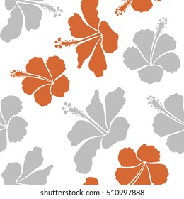Seamless vector tropical design with hibiscus on a white background in brown and gray colors. Exotic flowers in allover composition. Pattern for summer fashion, interior, wallpaper.