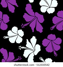 Seamless vector tropical design with hibiscus on a black background in violet and white colors. Exotic flowers in allover composition. Pattern for summer fashion, interior, wallpaper.