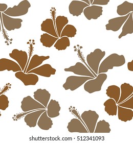Seamless vector tropical design with hibiscus on a white background in brown colors. Exotic flowers in allover composition. Pattern for summer fashion, interior, wallpaper.