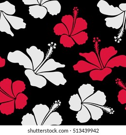 Seamless vector tropical design with hibiscus on a black background in red and white colors. Exotic flowers in allover composition. Pattern for summer fashion, interior, wallpaper.