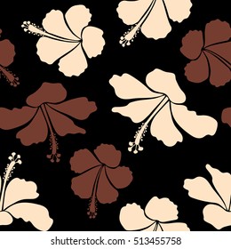 Seamless vector tropical design with hibiscus on a black background in beige and brown colors. Exotic flowers in allover composition. Pattern for summer fashion, interior, wallpaper.