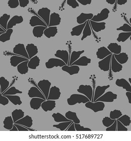 Seamless vector tropical design with hibiscus in gray colors. Exotic flowers in allover composition. Pattern for summer fashion, interior, wallpaper. Vector illustration.