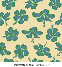 Seamless vector tropical design with hibiscus in beige, green and blue colors. Pattern for summer fashion, interior, wallpaper. Vector illustration. Exotic flowers in allover composition.