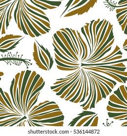 Seamless vector tropical design with hibiscus on a white background in brown and white colors. Exotic flowers in allover composition. Pattern for summer fashion, interior, wallpaper.