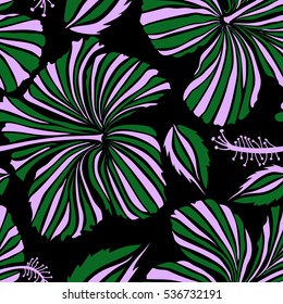 Seamless vector tropical design with hibiscus on a black background in green and neutral colors. Exotic flowers in allover composition. Pattern for summer fashion, interior, wallpaper.