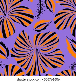 Seamless vector tropical design with hibiscus in orange and black colors. Pattern for summer fashion, interior, wallpaper. Vector illustration. Exotic flowers in allover composition.