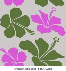 Seamless vector tropical design with hibiscus in violet, green and gray colors. Pattern for summer fashion, interior, wallpaper. Vector illustration. Exotic flowers in allover composition.