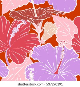 Seamless vector tropical design with hibiscus, leaves and buds on a orange background. Exotic multicolor flowers in allover composition. Multicolor pattern for summer fashion, interior, wallpaper.