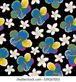 Seamless vector tropical design with hibiscus on a black background in neutral, beige and green colors. Exotic flowers in allover composition. Pattern for summer fashion, interior, wallpaper.