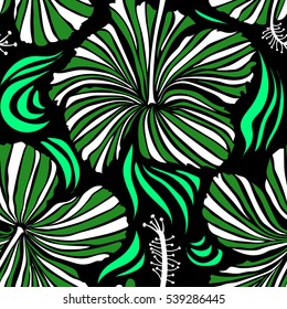 Seamless vector tropical design with hibiscus on a black background in green and white colors. Exotic flowers in allover composition. Pattern for summer fashion, interior, wallpaper.